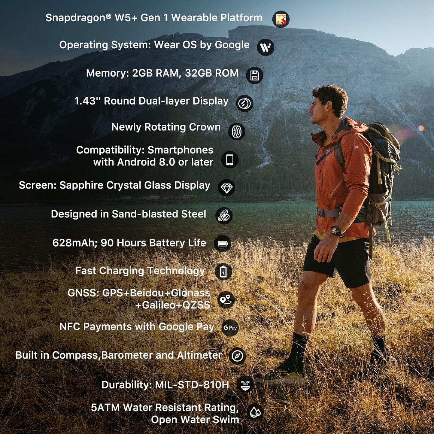 „TicWatch Atlas“ išmanusis laikrodis vyrams, skirtas „Android Wear OS“, lauko pramogoms, 90 val. baterija