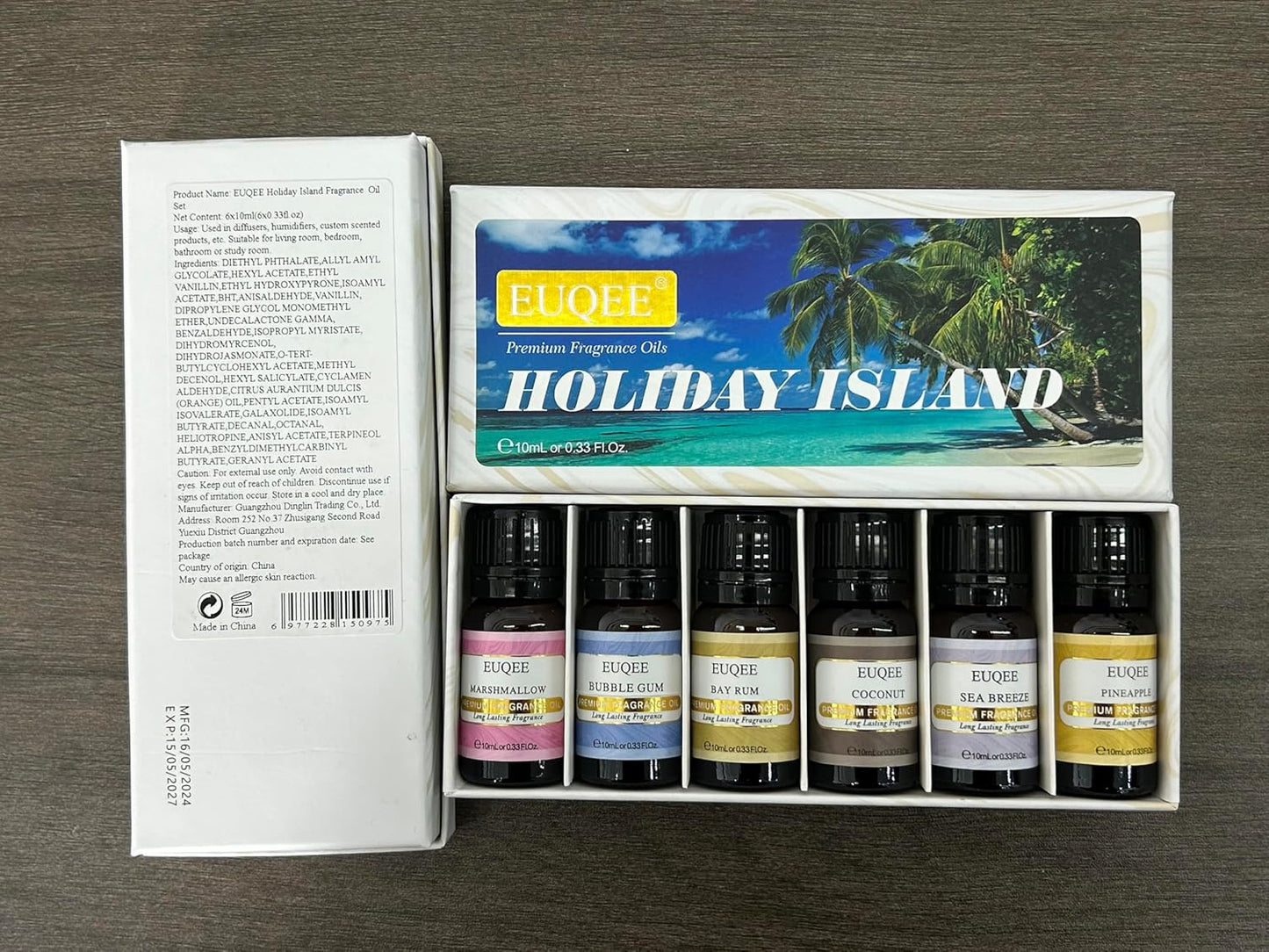 Vasaros kvapiųjų aliejų dovanų rinkinys, 6 vnt. „Holiday Island“ eterinių aliejų rinkinys drėkintuvui, aromaterapinis – ananasų, kokosų, jūros brizo, kramtomosios gumos, romo lauro lapų, zefyrų (10 ml)